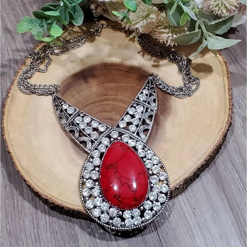 Large red‎ jeweled statement necklace